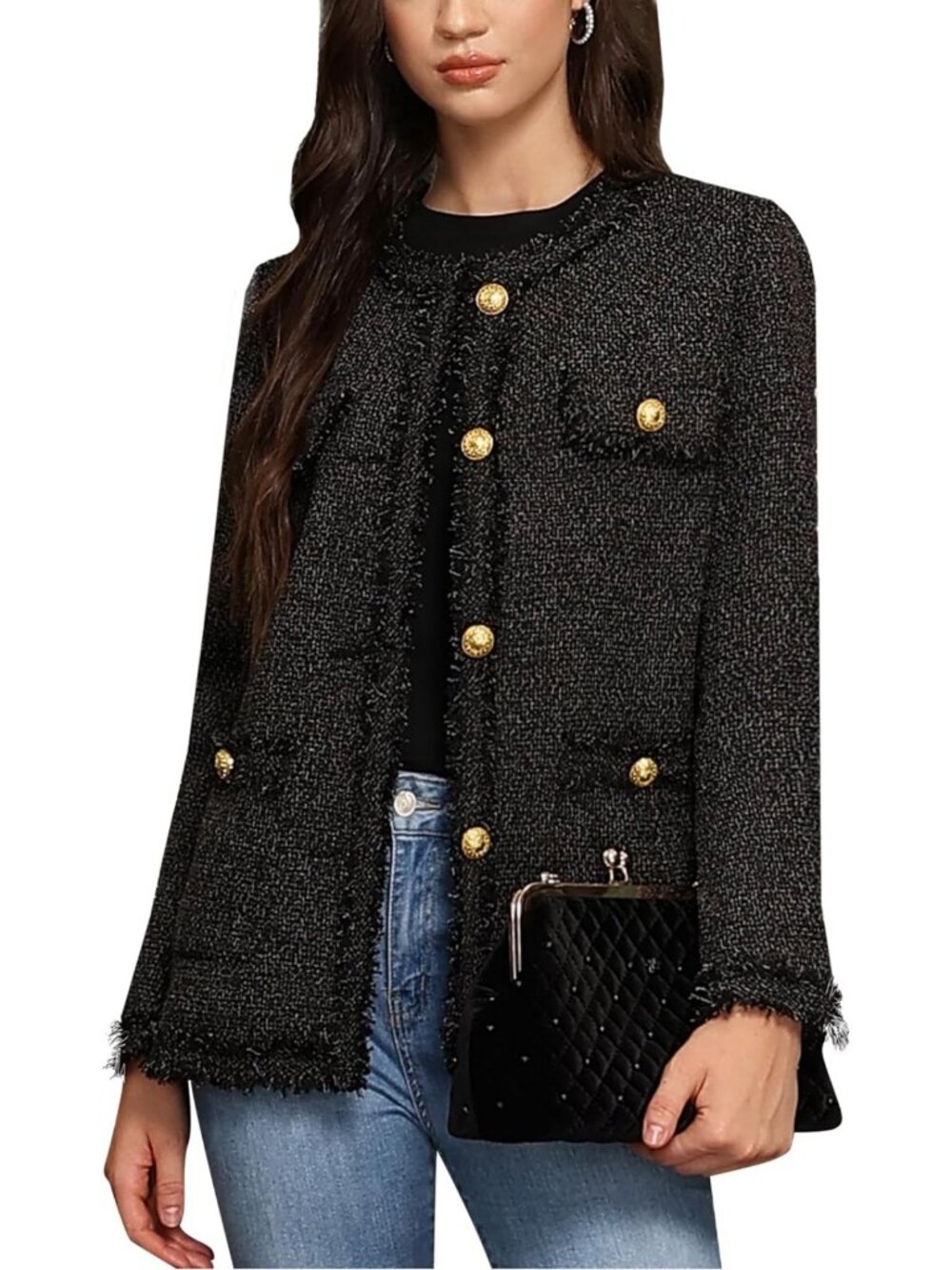 Chic Collarless Long Blazer Jacket for Women with Pockets - Stylish Tweed